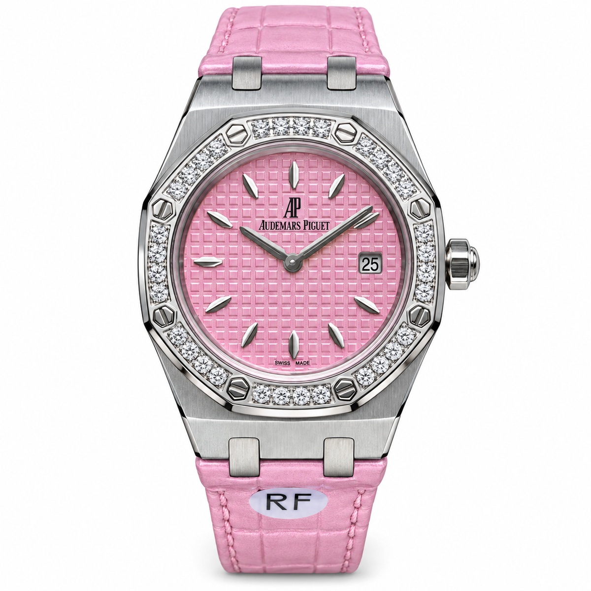 Audemars Piguet Royal Oak Ladies Diamond Bezel Pink Petite Tapisserie Dial Pink Alligator Leather Strap Roger Federer RF Edition