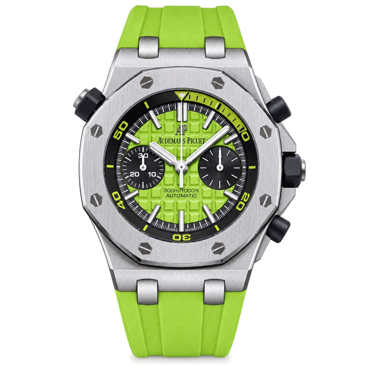 Audemars Piguet Royal Oak Offshore Diver Chronograph Lime Green Tapisserie Dial Black Sub-dials Rubber Strap 300m