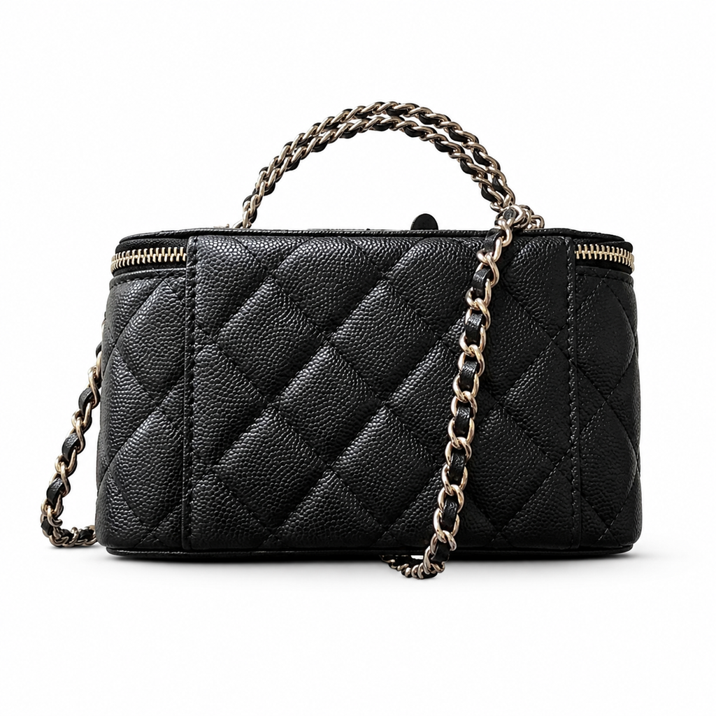 Chanel Black Diagonal Quilted Caviar Vanity Box Bag | Chain Top Handle & Silver Chain