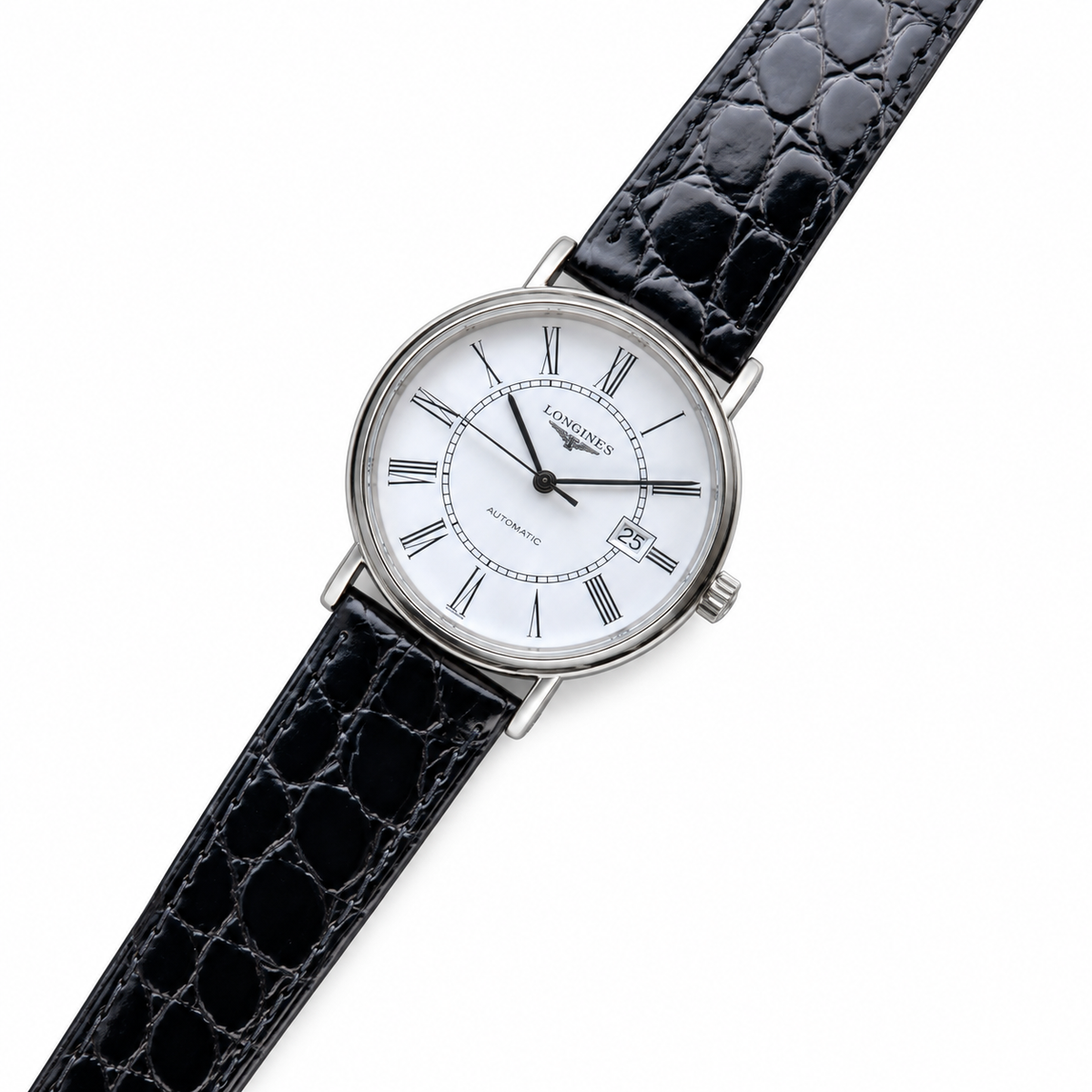 Longines Présence White Dial Roman Numerals Black Leather Dress Watch