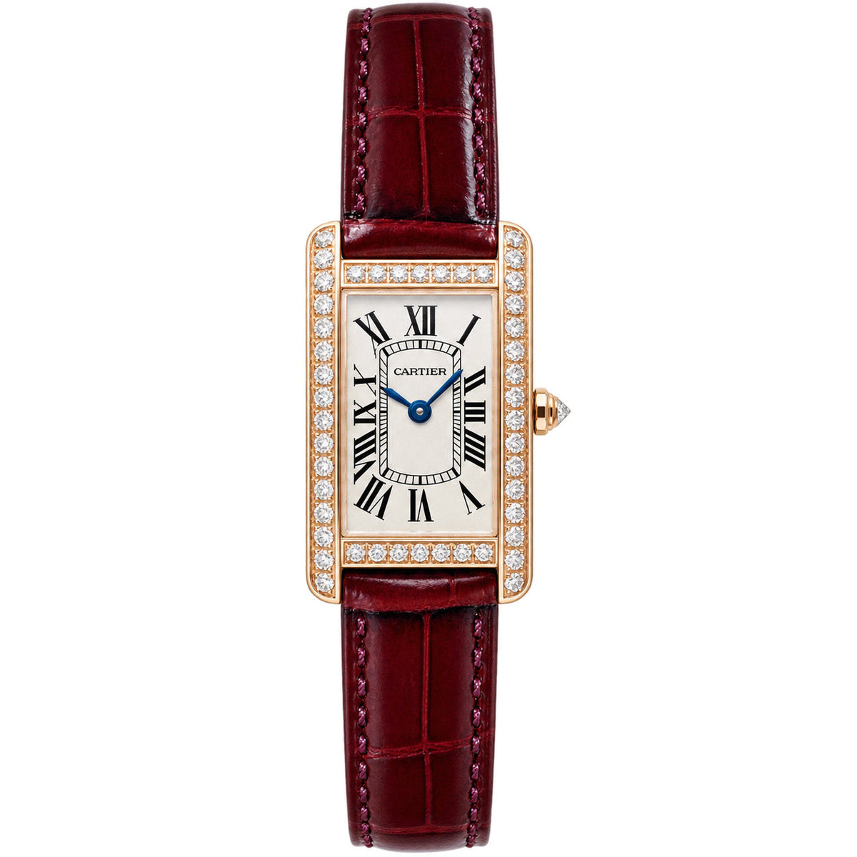 Cartier Tank Américaine Rose Gold Diamond Bezel Ladies Watch with Burgundy Leather Strap