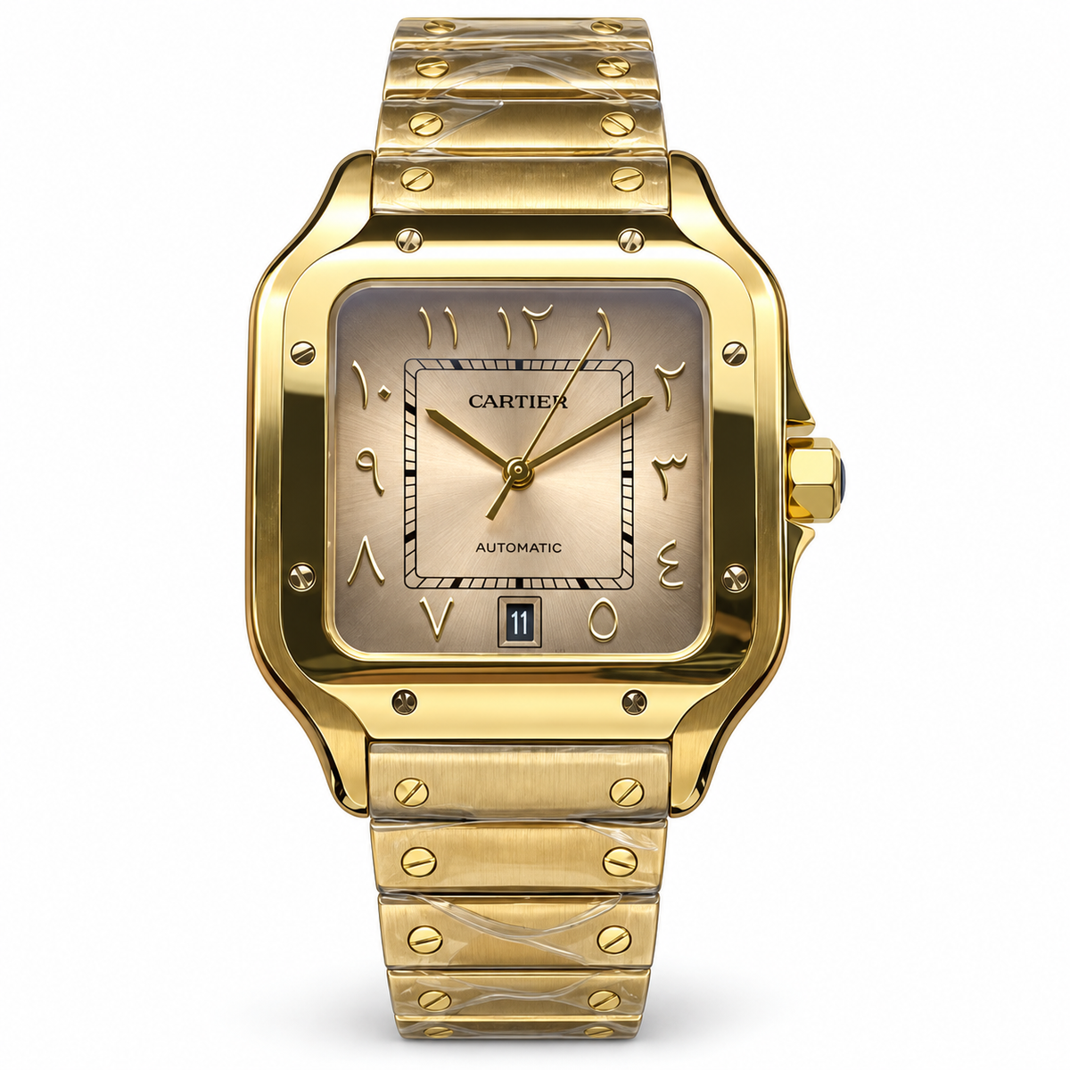 Cartier Santos Arabic Edition 18K Yellow Gold Champagne Dial Automatic Integrated Bracelet Watch