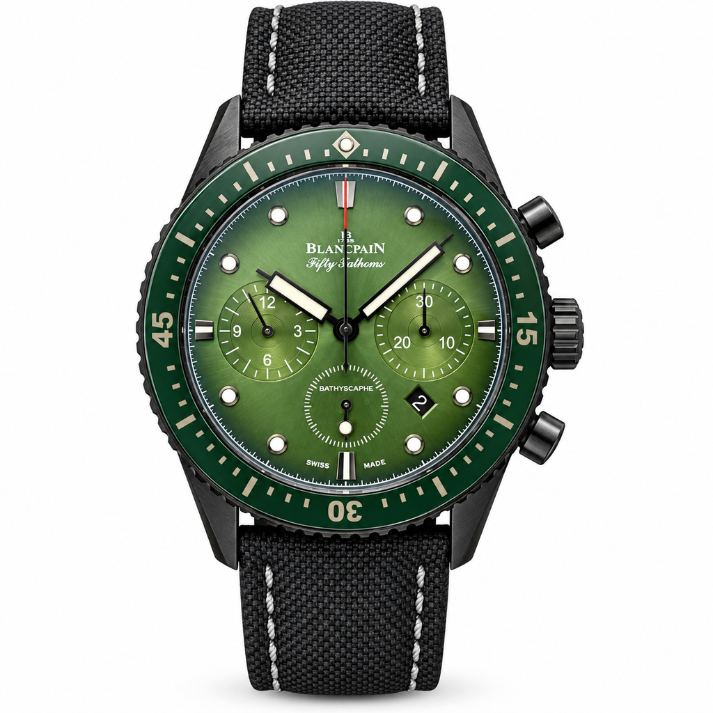 Blancpain Fifty Fathoms Bathyscaphe Chronograph Green Dial Ceramic DLC Black Fabric Watch