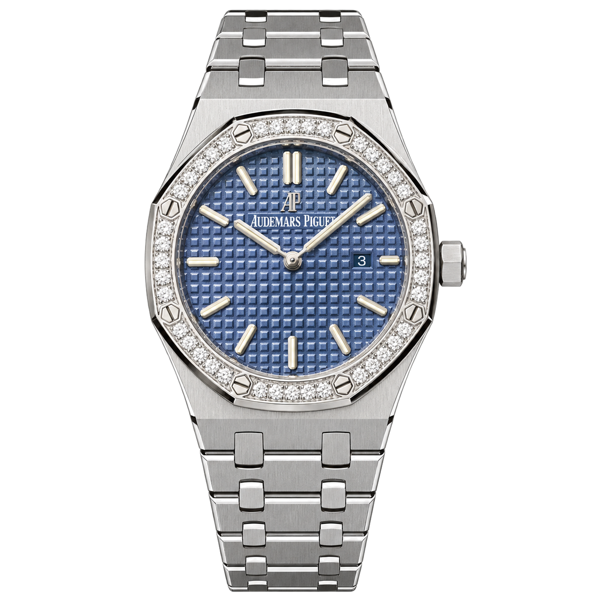 Audemars Piguet Royal Oak Ladies Diamond Bezel Blue Petite Tapisserie Dial Stainless Steel Integrated Bracelet
