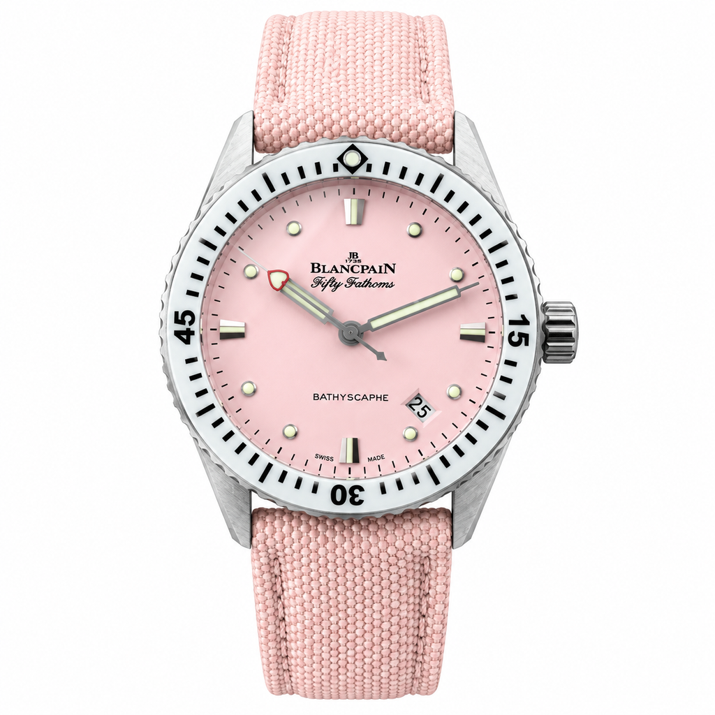 Blancpain Fifty Fathoms Bathyscaphe pink dial with white ceramic bezel and pink canvas strap
