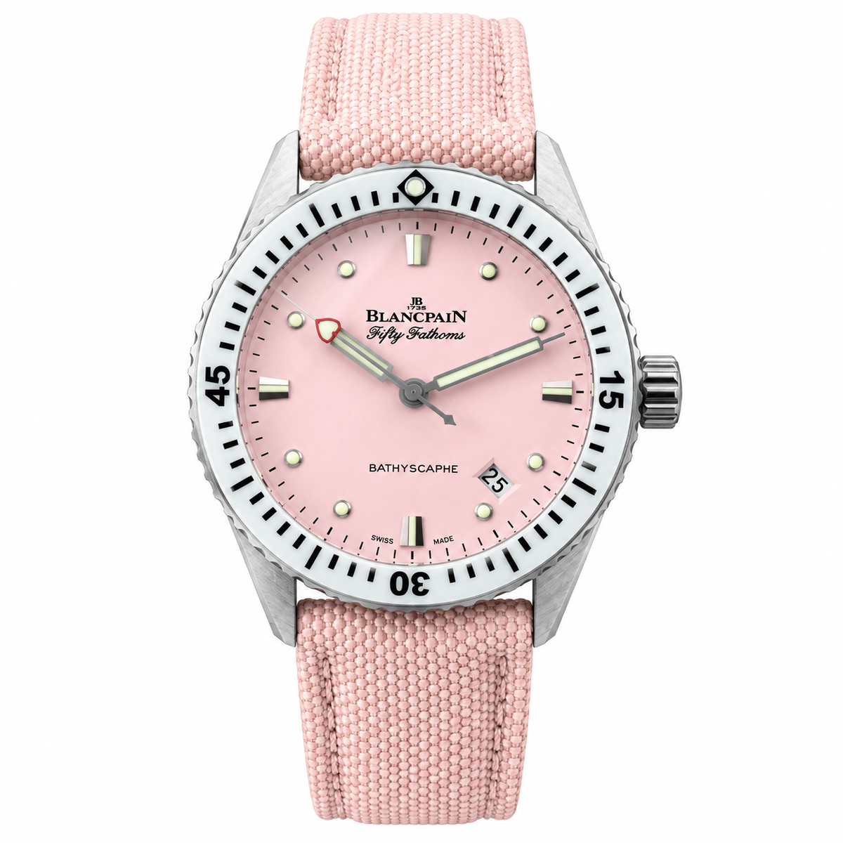 Blancpain Fifty Fathoms Bathyscaphe pink dial with white ceramic bezel and pink canvas strap