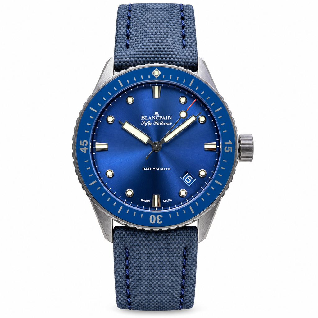 Blancpain Fifty Fathoms Bathyscaphe blue dial blue ceramic bezel sailcloth canvas strap