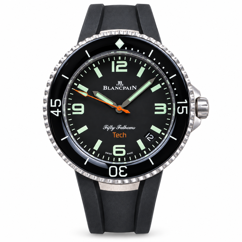 Blancpain Fifty Fathoms Tech black dial with orange seconds hand and black rubber strap