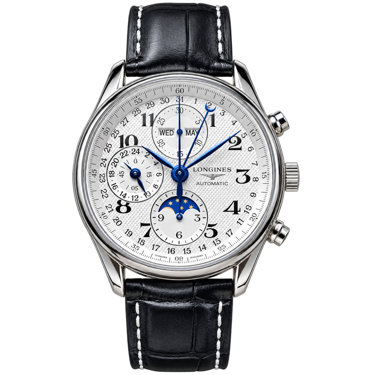 Longines Master Collection Moonphase Chronograph white dial blue hands black leather strap