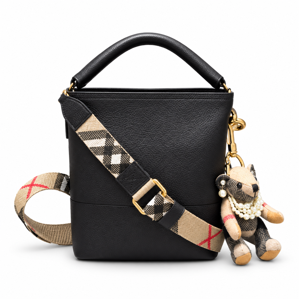 Burberry Black Leather Bucket Bag with Check Strap
