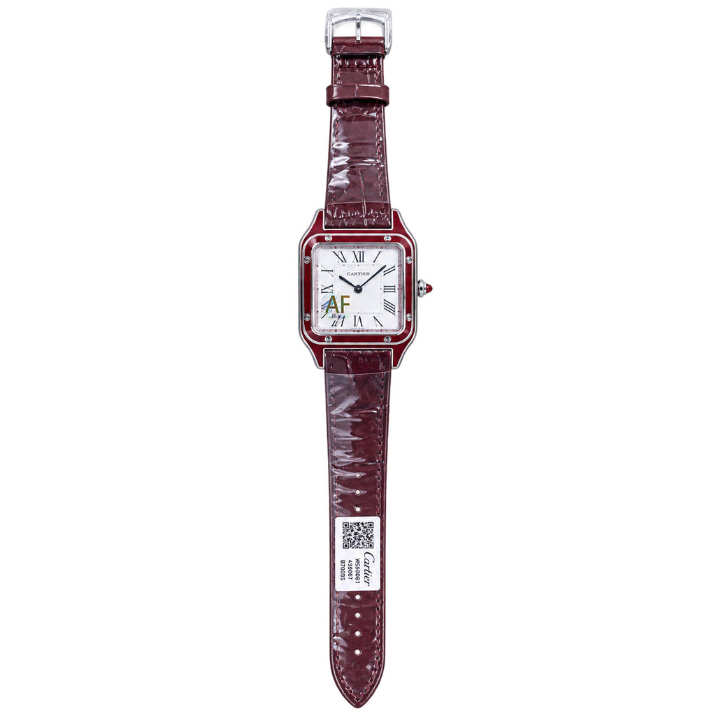 Cartier Santos-Dumont Large — Steel, Burgundy Enamel Bezel, White Dial, Roman Numerals & Burgundy Alligator Strap, Quartz