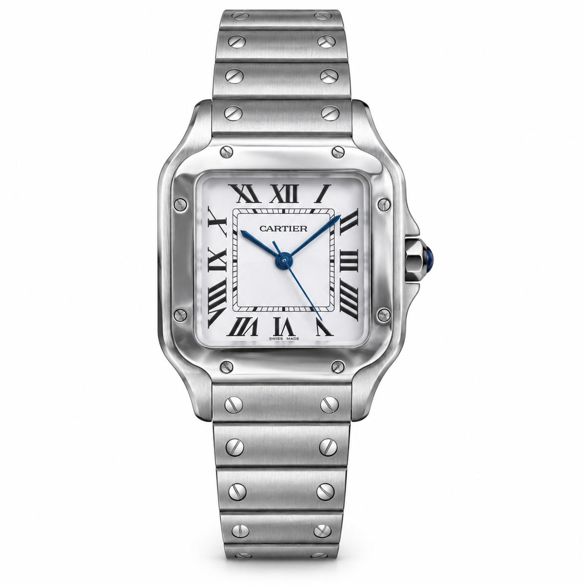 Cartier Santos White Dial Blue Hands Stainless Steel Bracelet Watch