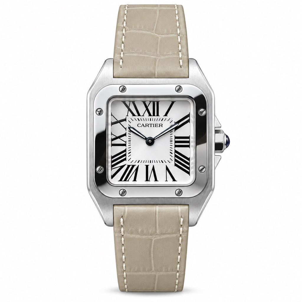 Cartier Santos-Dumont Small — Steel, White Dial, Roman Numerals & Beige Alligator Strap, Women