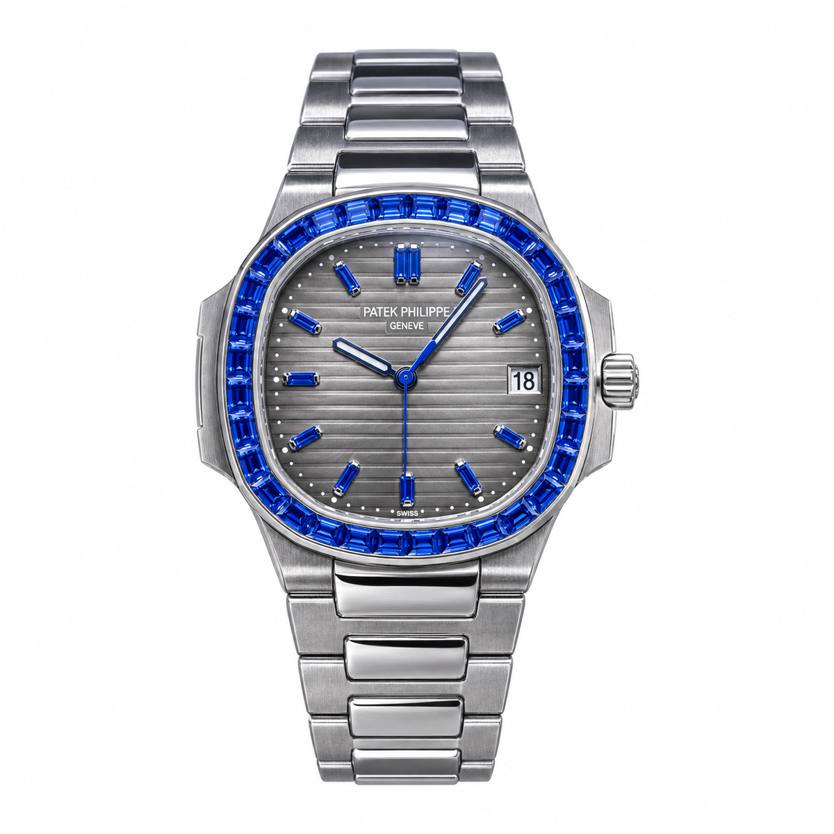 Patek Philippe Nautilus Blue Sapphire Baguette Steel Grey Dial