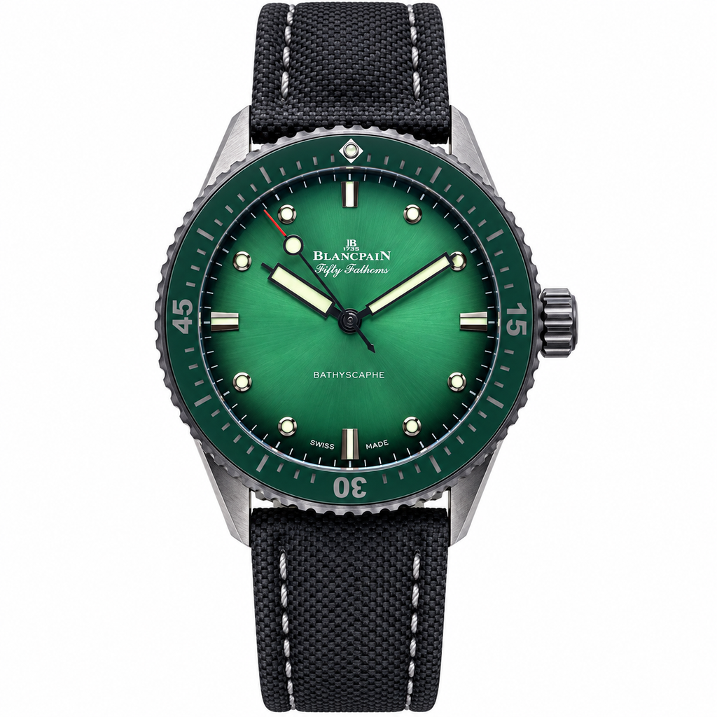 Blancpain Fifty Fathoms Bathyscaphe green sunburst dial titanium case with green ceramic bezel and black canvas strap