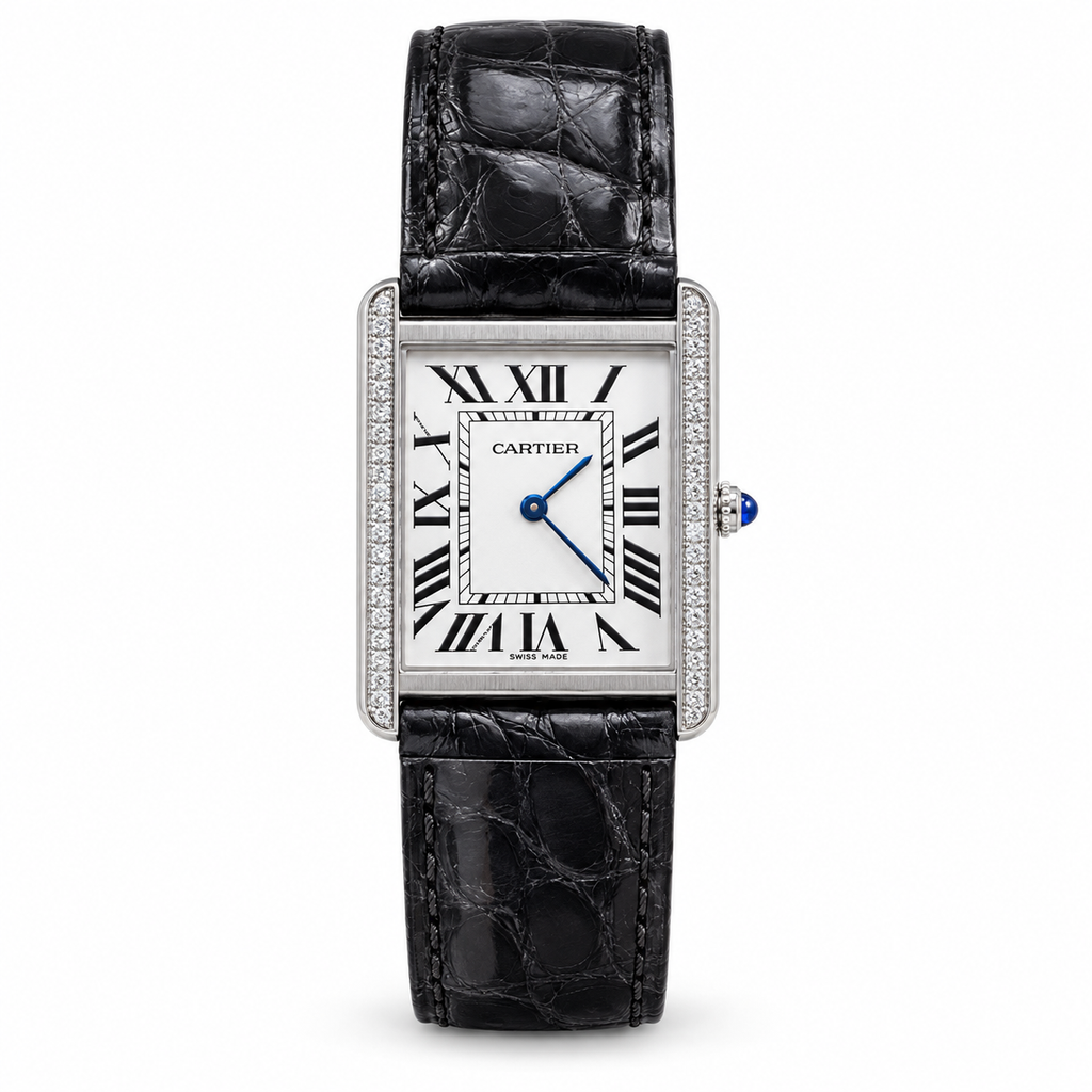 Cartier Tank Solo Large Stainless Steel Diamond Bezel White Dial Black Alligator Strap Watch