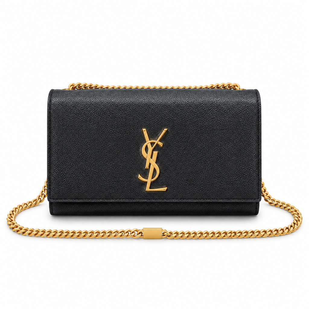 Saint Laurent YSL Kate Small chain crossbody bag in black grained calfskin leather with oversized gold YSL monogram and gold curb chain strap