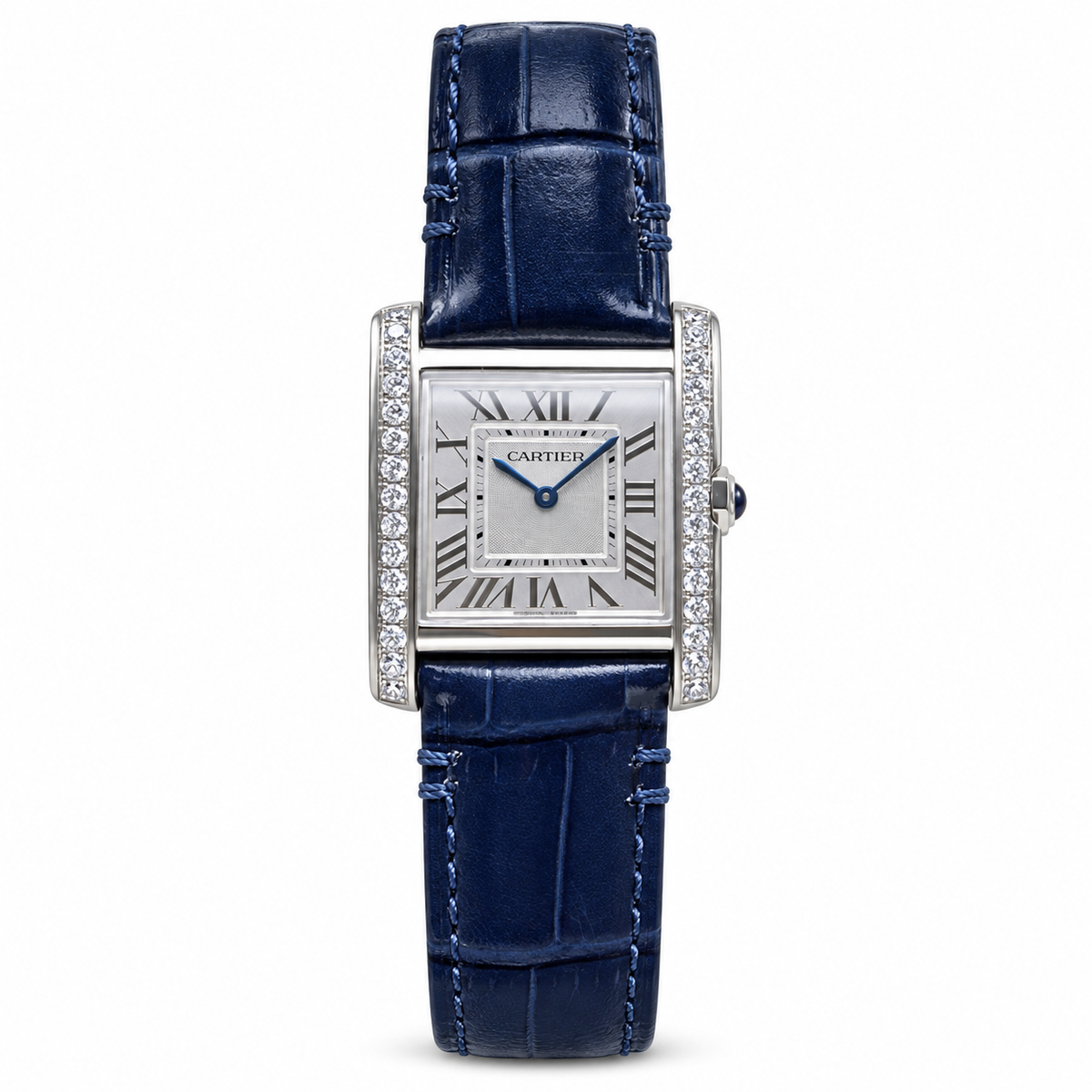 Cartier Tank Louis Cartier Small 18K White Gold Diamond-Set Lugs Silver Guilloché Dial Navy Blue Alligator Strap Watch