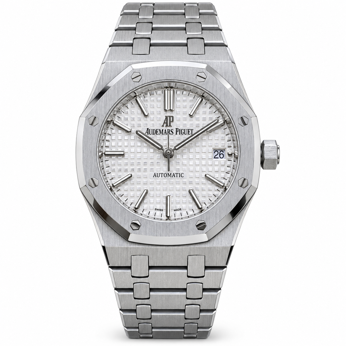 Audemars Piguet Royal Oak Automatic 38mm Stainless Steel Silver Petite Tapisserie Dial Steel Indexes Hands AP Monogram Automatic Date Integrated Bracelet