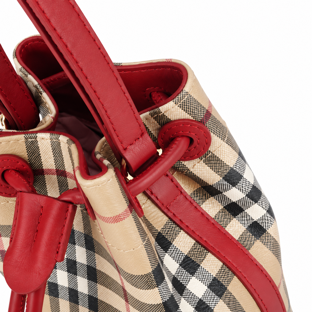 Burberry Check Bucket Bag with Red Trim
