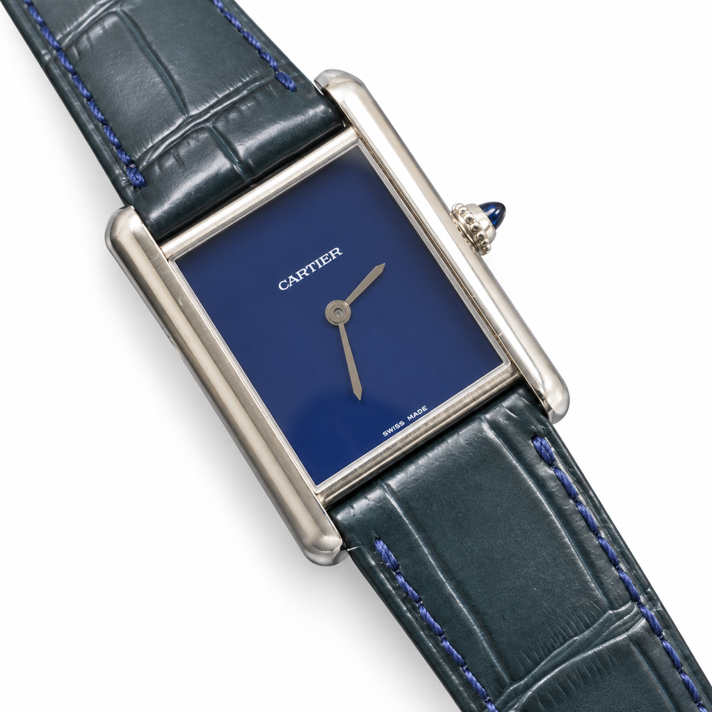 Cartier Tank Must Small Stainless Steel Blue Lacquer Dial Blue Alligator Strap Watch
