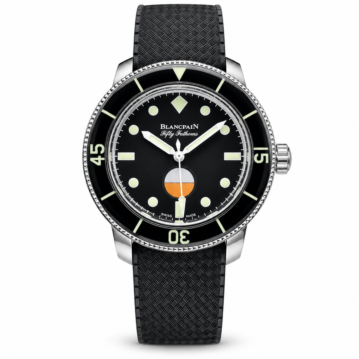 Blancpain Fifty Fathoms No Rad black dial oversized lume dot indices orange white power reserve bicolor coin-edge bezel basket-weave rubber strap automatic dive watch