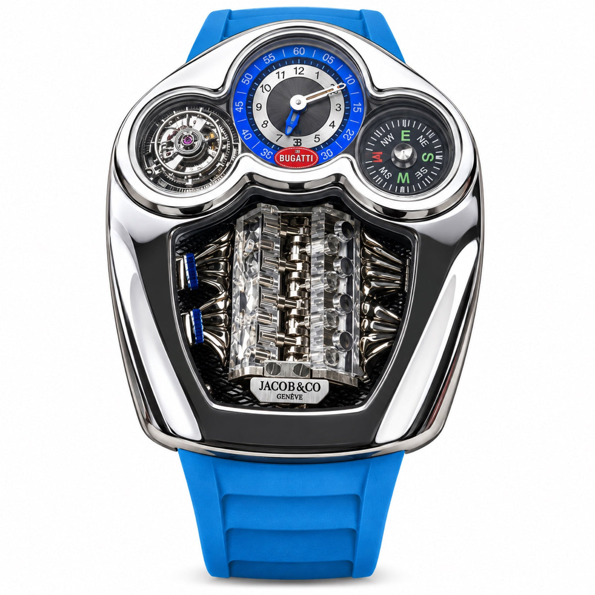 Jacob & Co. x Bugatti Chiron Tourbillon Dashboard Compass Engine Steel Blue Rubber Watch