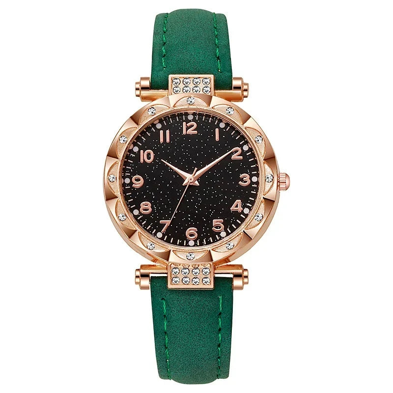 Women's Starry Sky Watch Rose Gold Petal Carved Crystal CZ Bezel Black Glitter Dial Arabic Numerals Green Suede Leather Strap Ladies Quartz