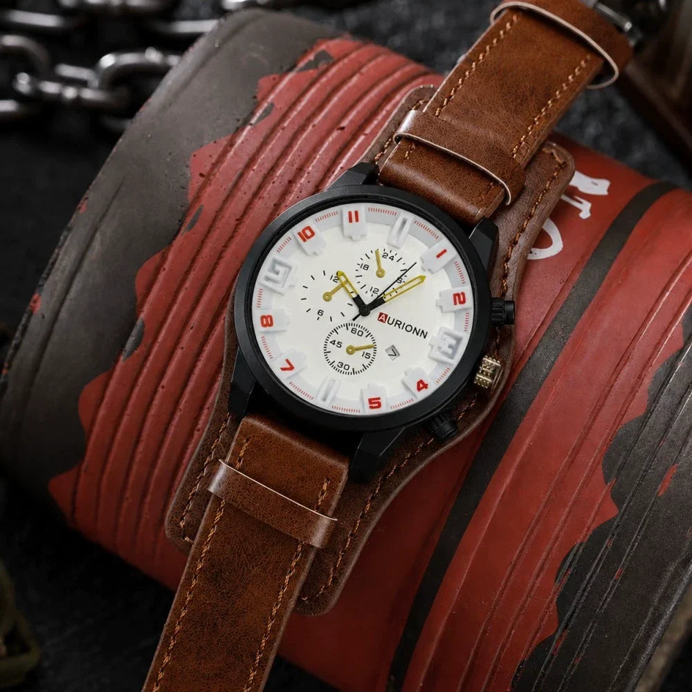 AURIONN Men's Military Chronograph – Grey Dial Wide Leather Strap