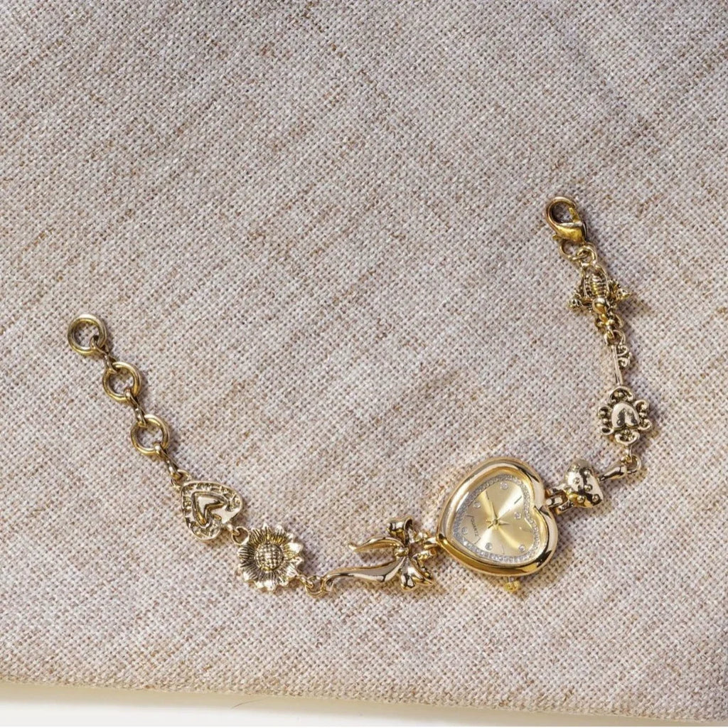 Women's Heart-Shaped Charm Bracelet Watch 37mm | Gold Fairy & Floral Chain Timepiece