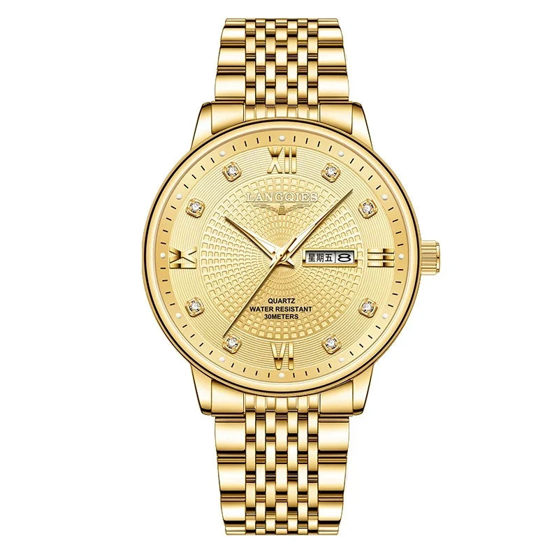 Langqies — Two-Tone Steel & Gold, White Guilloché Dial, Crystal Markers & Two-Tone Bracelet, Men